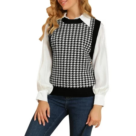 Unique Bargains Women s Round Neck Sleeveless Houndstooth Plaid Knitted Sweater S Black | Walmart (US)