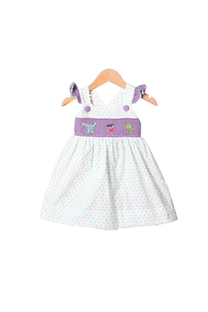 Smocked Monsters Mint and Lavender Ruffle Dress | The Smocked Flamingo