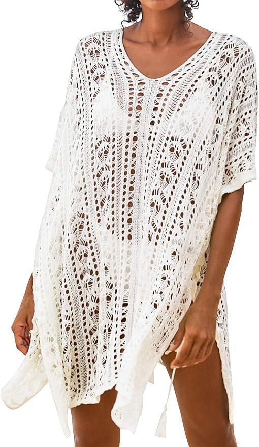 CUPSHE Women's Swim Cover Up Crochet Lace Sheer Coverups Bikini Swimsuit Beach Dress White | Amazon (US)