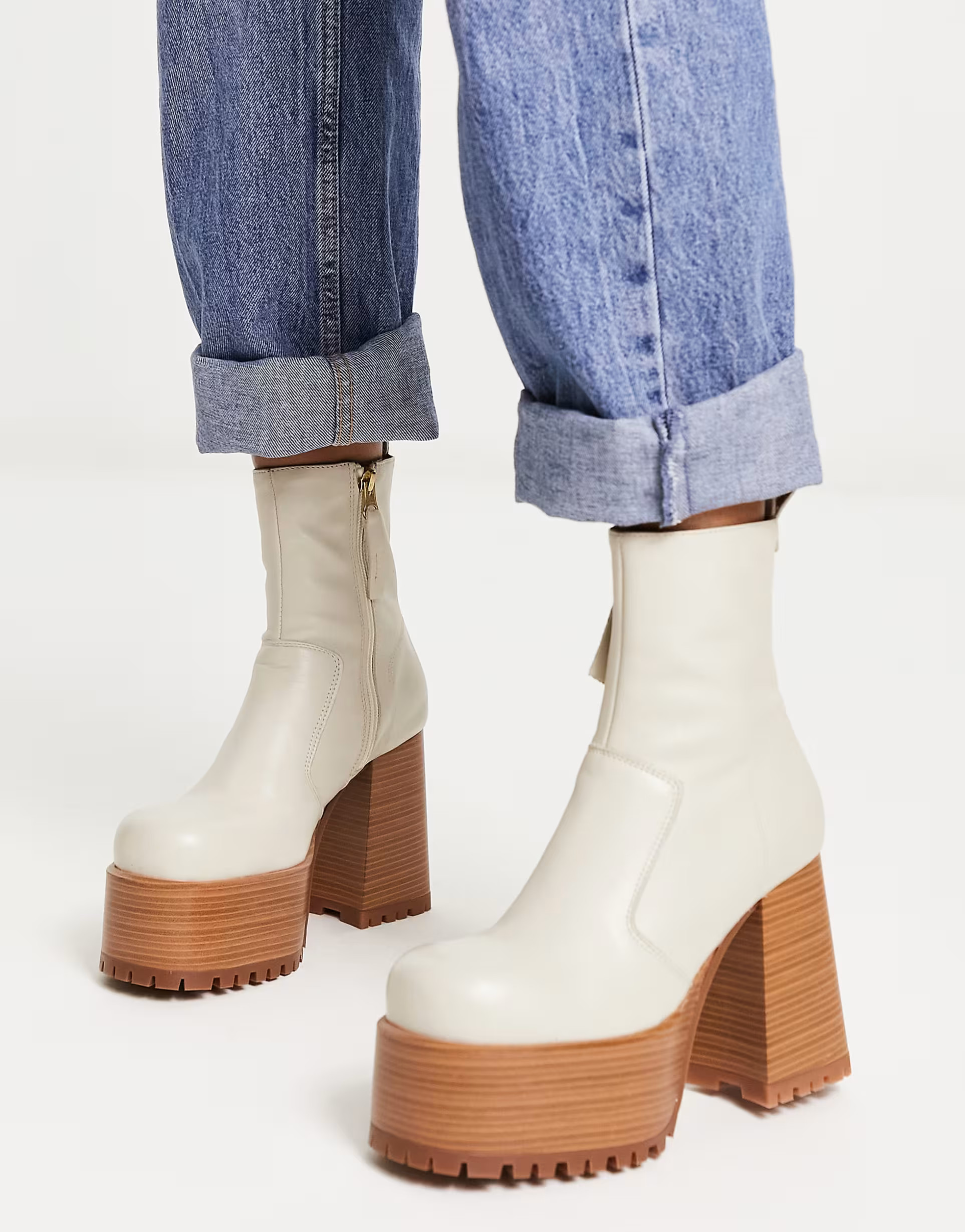 ASOS DESIGN Erika premium leather platform boots in off white | ASOS (Global)