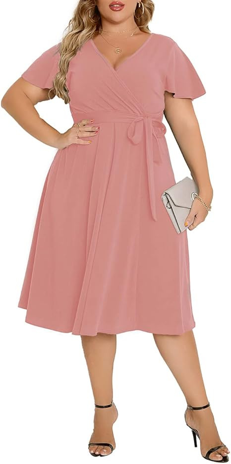 Agmibrelr Women's Plus Size Flutter Sleeve Dress Deep V Neck A-Line Swing Midi Dresses | Amazon (US)