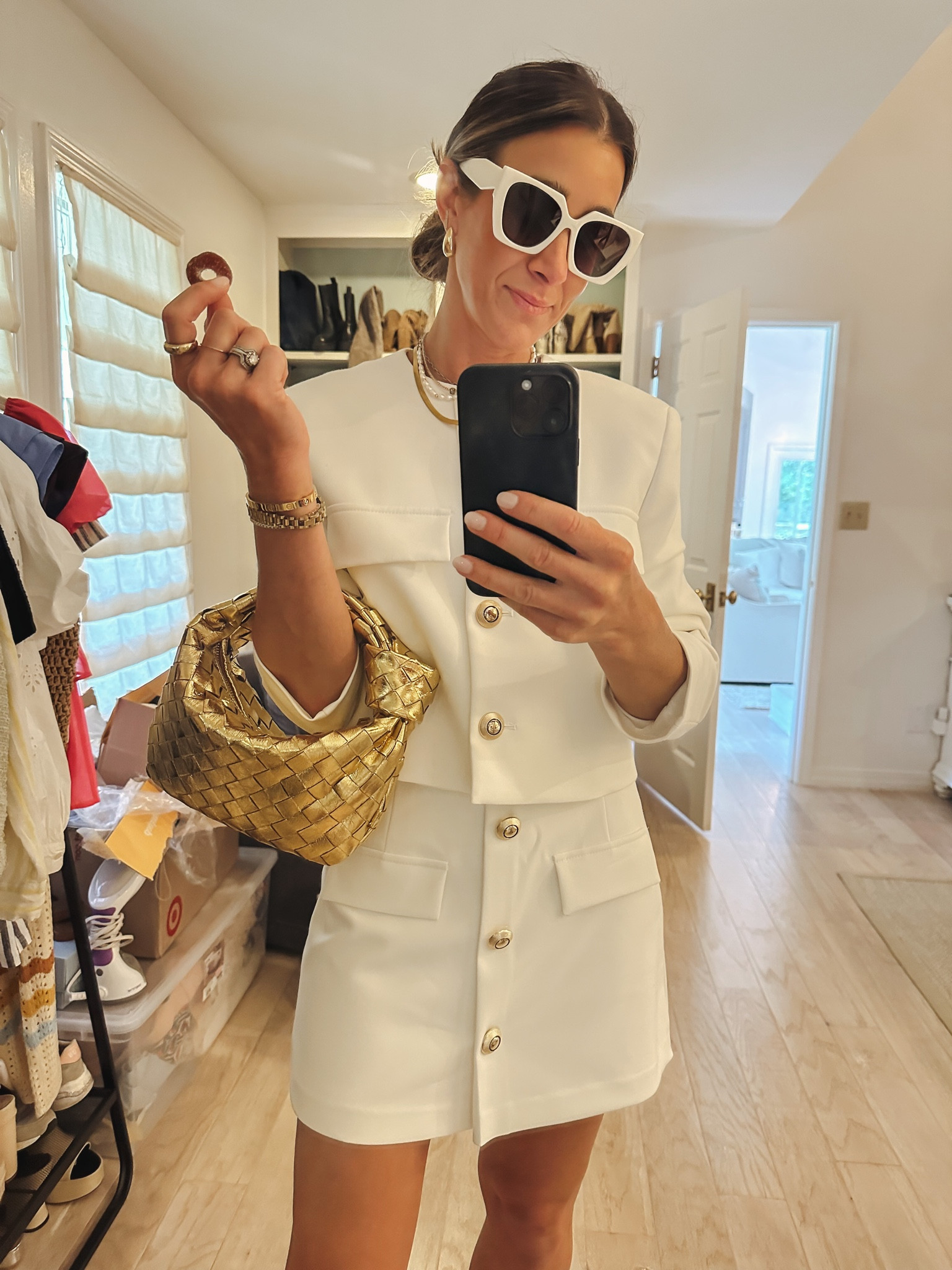 Some of my recent amazon accessory finds that I’m loving and are some designer. This gold woven leather mini clutch handbag is a bottega dupe. Sunglasses, earrings, pave tennis bracelet. All amazon finds  

#LTKworkwear #LTKunder100 #LTKunder50