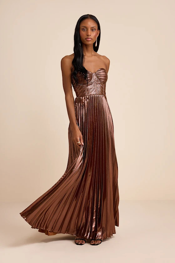 Shoshone Brown Pleated Lurex Strapless Bustier Maxi Dress | Lulus