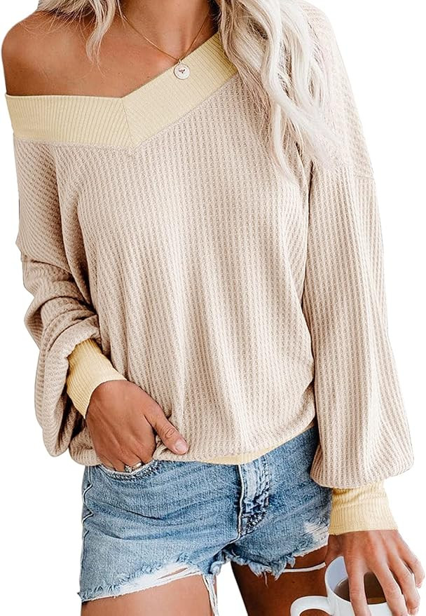 Adreamly Women's V Neck Long Sleeve Waffle Knit Top Off Shoulder Oversized Pullover Sweater | Amazon (US)