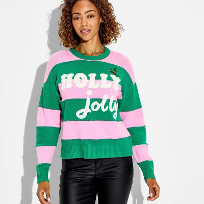 Women's Holly Jolly Festive Graphic Sweater - Multicolor Striped XXL | Target