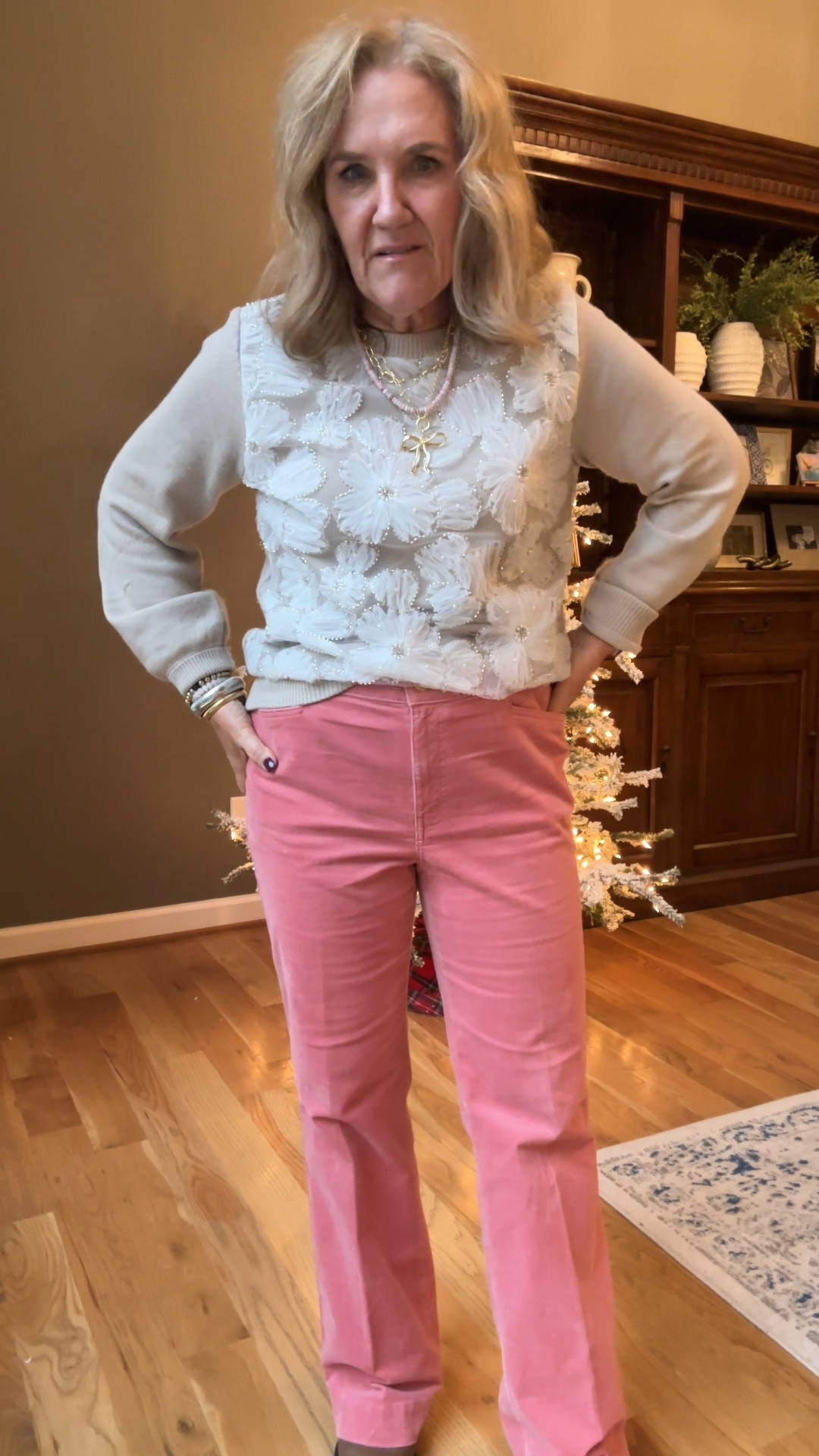 Allie+Bess 20% off code NANETTE20 I love this now charm. It’ll ship in early December. 
My sweater is so pretty so soft. Wearing a large. 15% off code NANETTE15 Avara is already sold out in the large. Linking the same sweater at the brand website. 

Talbots corduroys run big. I’m in a 6 reg. I think if you got a petite they’d be true to size. 

Boots I size up a 1/2

Fall outfit, Thanksgiving outfit, embellish sweater, beige with flowers sweater, pink corduroys, Talbots corduroys, Dolce Vita, brown boots, bow necklace, bow, charm, gold jewelry

#LTKSaleAlert #LTKOver40 #LTKMidsize