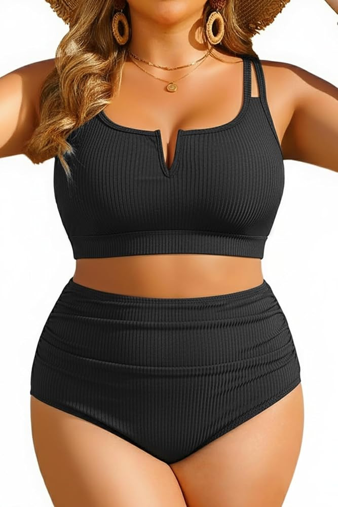 Women Plus Size High Waisted Bikini Ribbed Two Piece Tummy Control Swimsuit | Amazon (US)