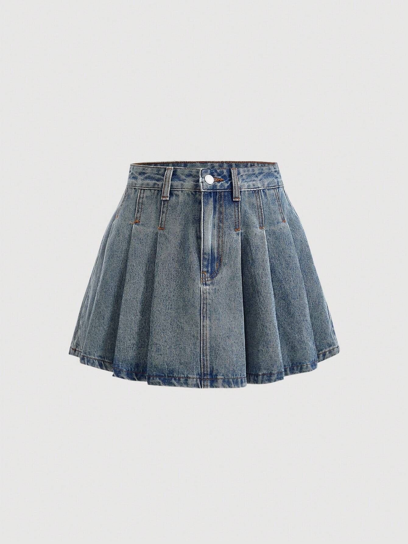 SHEIN MOD Women's College Style Denim Pleated Skirt | SHEIN