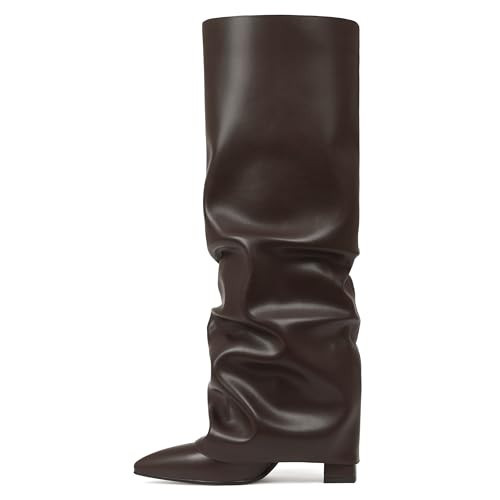 SaraIris Women's Brown Knee High Boots Slouch Fold Over Pointed Toe Block High Heeled Shark Boots | Amazon (US)