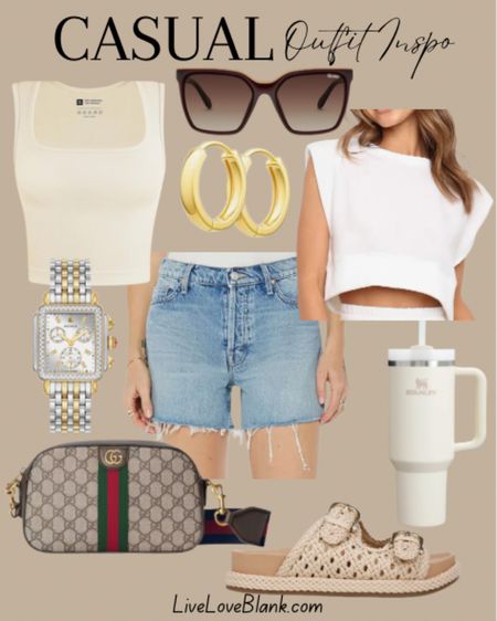 Casual summer outfit idea
Mother Jean shorts
Summer trending tops
Gucci bag
Michele watch 
Sandals and Stanley 
#ltku



#LTKOver40 #LTKSeasonal #LTKStyleTip