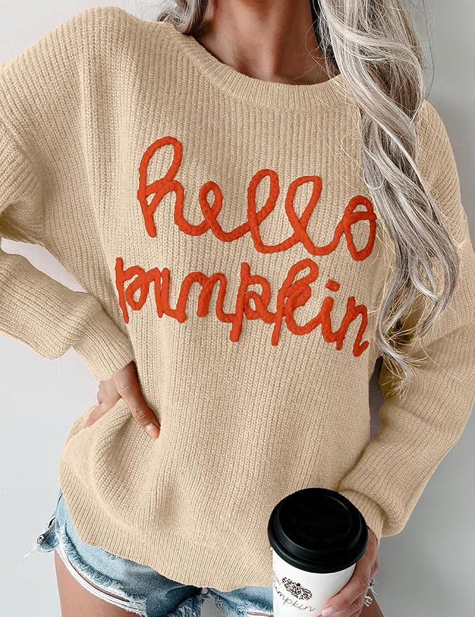 Ecosunny Womens Halloween Sweater Casual Crew Neck Hello Pumpkin Graphic Pullover Long Sleeve Loo... | Amazon (US)