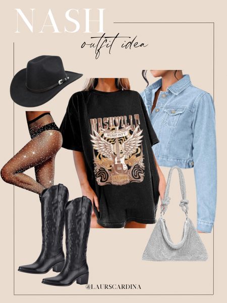 This Nashville outfit inspiration includes an oversized graphic tee, sparkly rhinestone tights, black cowboy boots, a cropped denim jacket, black cowboy hat, and a rhinestone handbag. 

Ootd, concert outfit, oversized tee, Amazon fashion 

#LTKshoecrush #LTKstyletip #LTKfindsunder50