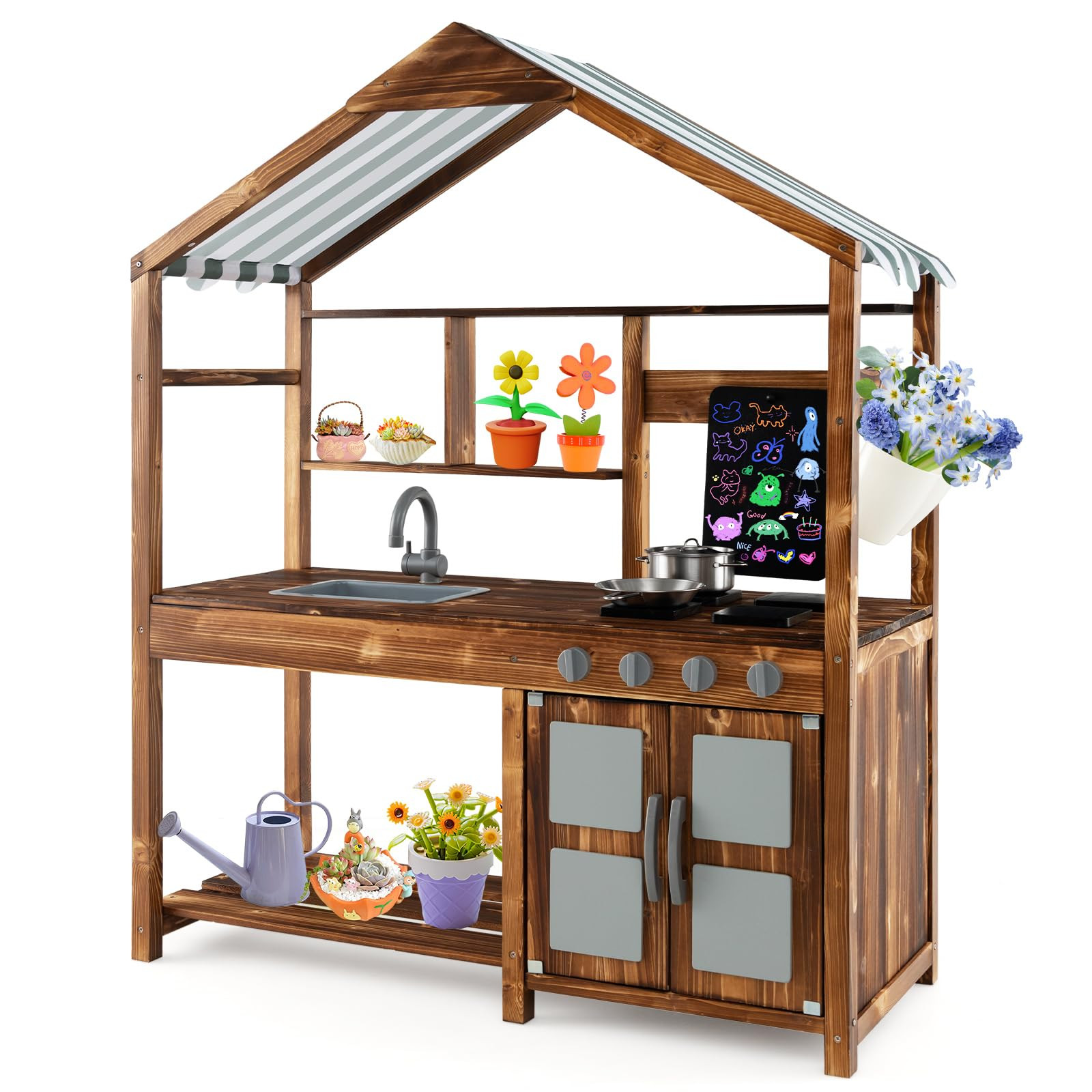 Costzon Mud Kitchen, Outdoor Play Kitchen with Canopy, Chalkboard, Stoves, Removable Sink, Cookin... | Amazon (US)