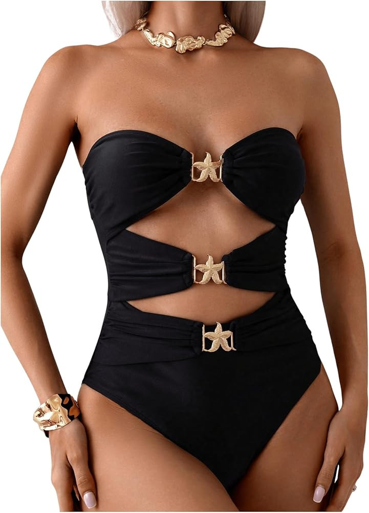Milumia Women's Metal Starfish Strapless Cut Out One Piece Swimsuits Ruched Bandeau Bathing Suit | Amazon (US)