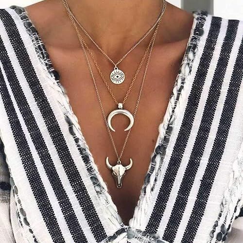 TWINKLEDE Boho Layered Necklace Silver Moon Pendant Necklaces Chain Evil Eye Bull Head Necklace J... | Amazon (US)