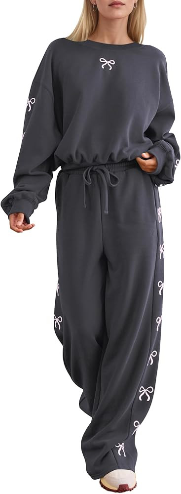 2 Piece Lounge Outfits Bow Trim Hooded Sweatshirt Sweatpants Set Crew Neck Sweatshirt Wide Leg Sw... | Amazon (US)