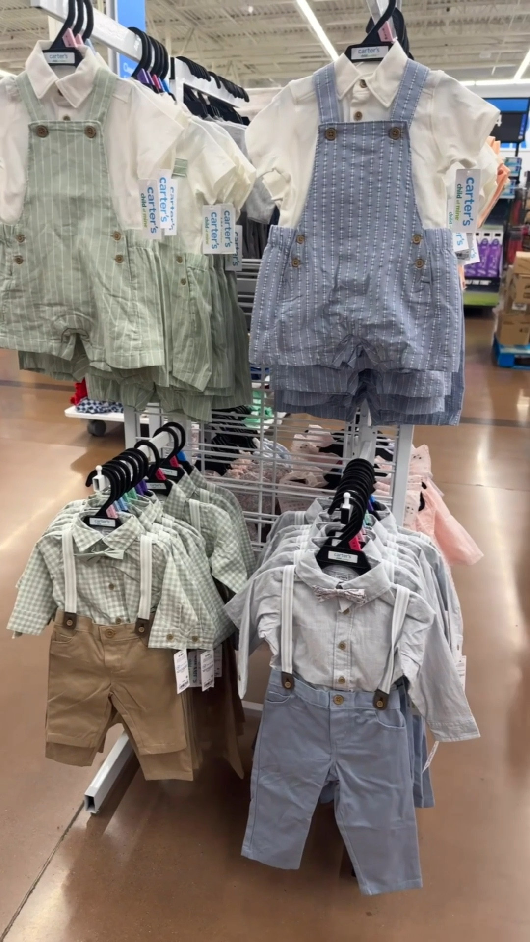 The most precious baby boy Spring Easter outfits by Carters at Walmart . I am a sucker for an adorable pair of coveralls !!! Then you add the bow tie 🥹 love it ! 🐦 🐰 sizes 0-3 through 24 months . Love the blue and green matching / coordinated styles. Perfect for boy twins !!  