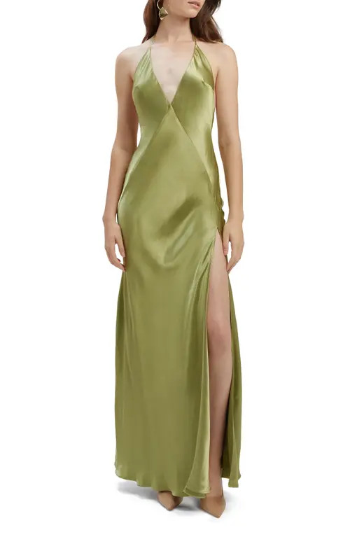 Bardot Yve Satin Halter Dress in Khaki at Nordstrom, Size 12 | Nordstrom