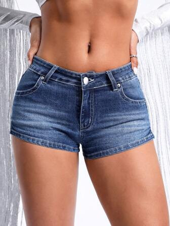SHEIN BAE Vrouwen Hoge gleuf Kant Water Gewassen Denim shorts | SHEIN