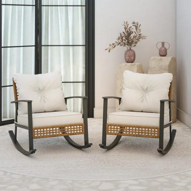 LAUSAINT HOME Outdoor Rocking Chair, Patio PE Rattan Chair with Beige Cushions, 2 PCS | Walmart (US)