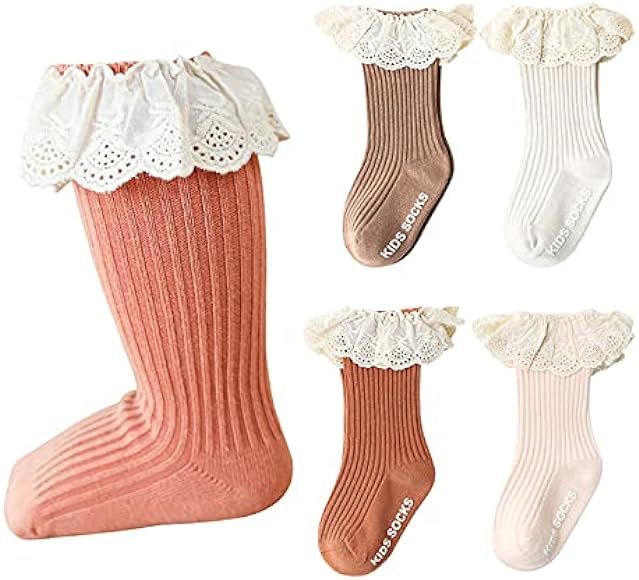 HOUSEYUAN Baby Toddlers Girls White Cotton Princess Style Ruffles Lace Top Frilly Mesh Socks Pack... | Amazon (US)