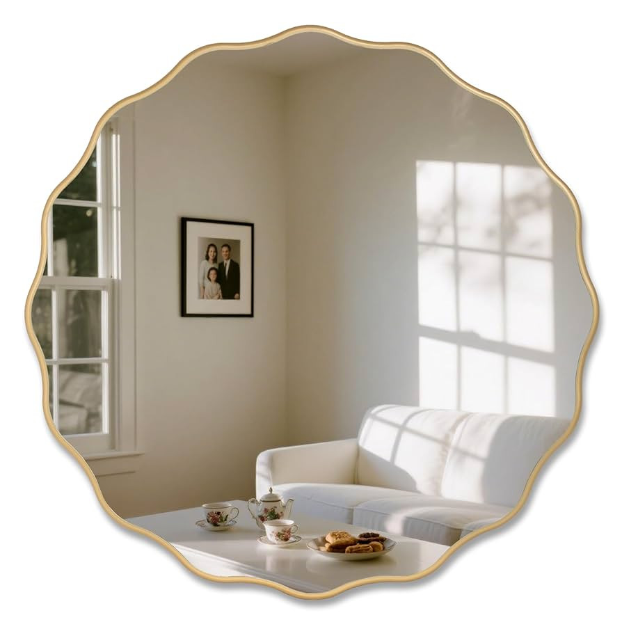 Gold Round 26" Wavy Wall Decorative Mirror Wood Farme Modern Circle Mirror for Bathroom Entryway ... | Amazon (US)