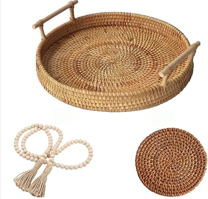 Decorative Coffee Table Tray | Farmhouse Boho Decor | Round Rattan Tray Basket | Wicker Serving T... | Amazon (US)