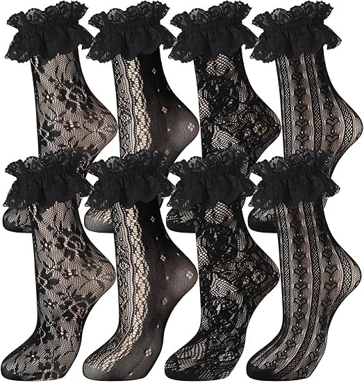 Geyoga 4 Pairs Women's Lace Ankle Socks Ruffle Frilly Mesh Lace Loose Slouch Ankle High Socks for... | Amazon (US)