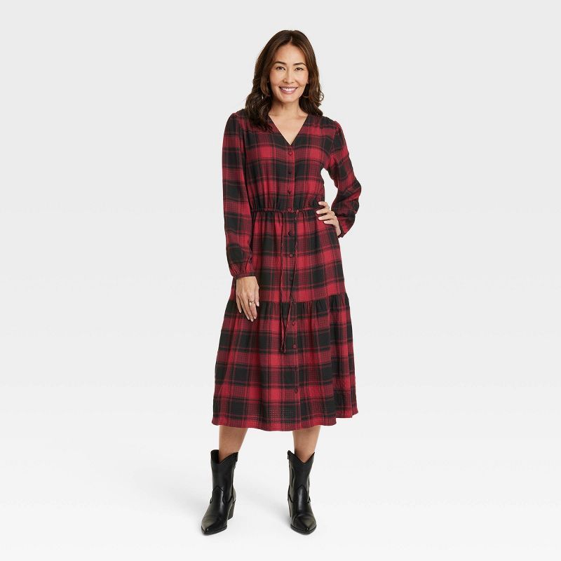Women&#39;s Long Sleeve A-Line Dress - Knox Rose&#8482; Red Plaid L | Target