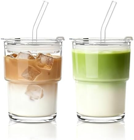 INSETLAN 13oz Portable Glass Tumblers Set of 2, Thick Wall Glass Cups with Lid and Glass Straw, O... | Amazon (US)