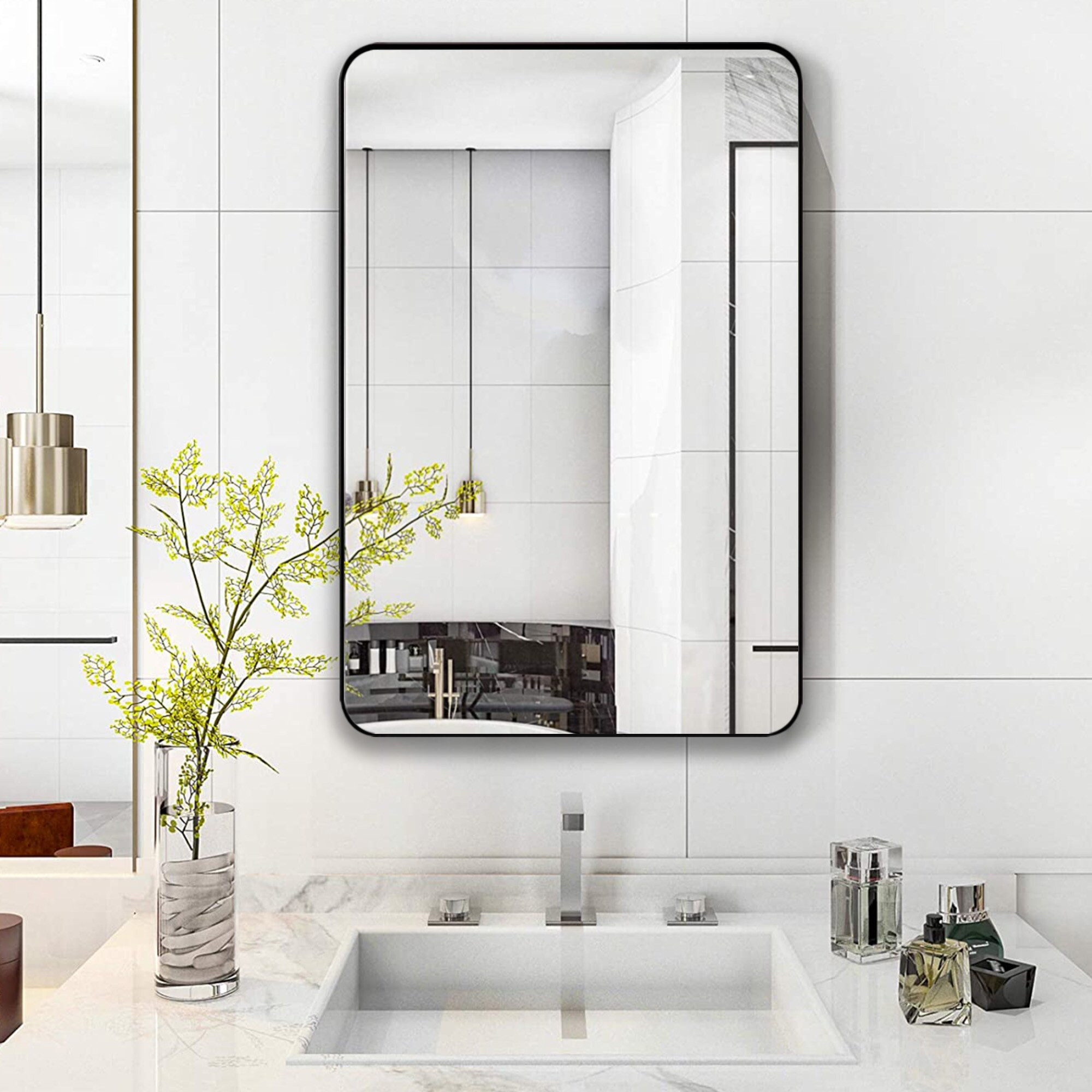 WELLFOR MR Wall Mount Frame Mirror 36-in W x 24-in H Black Rectangular Framed Bathroom Vanity Mir... | Lowe's