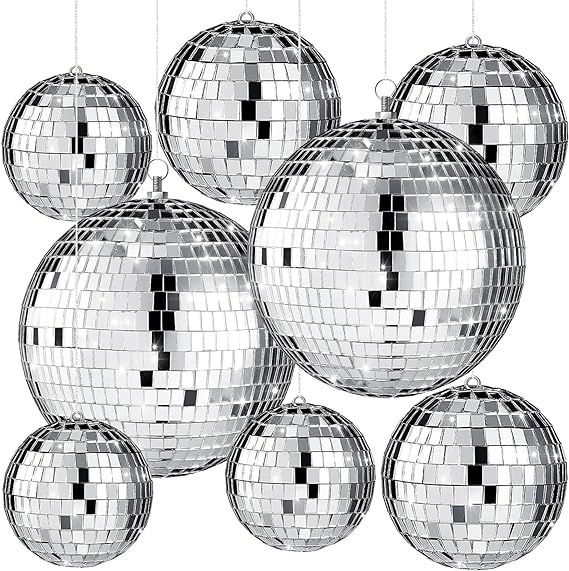 8 Pcs Large Disco Ball Set Silver Mirror Disco Balls Reflective Ball with Hanging Ring Party Hang... | Amazon (US)