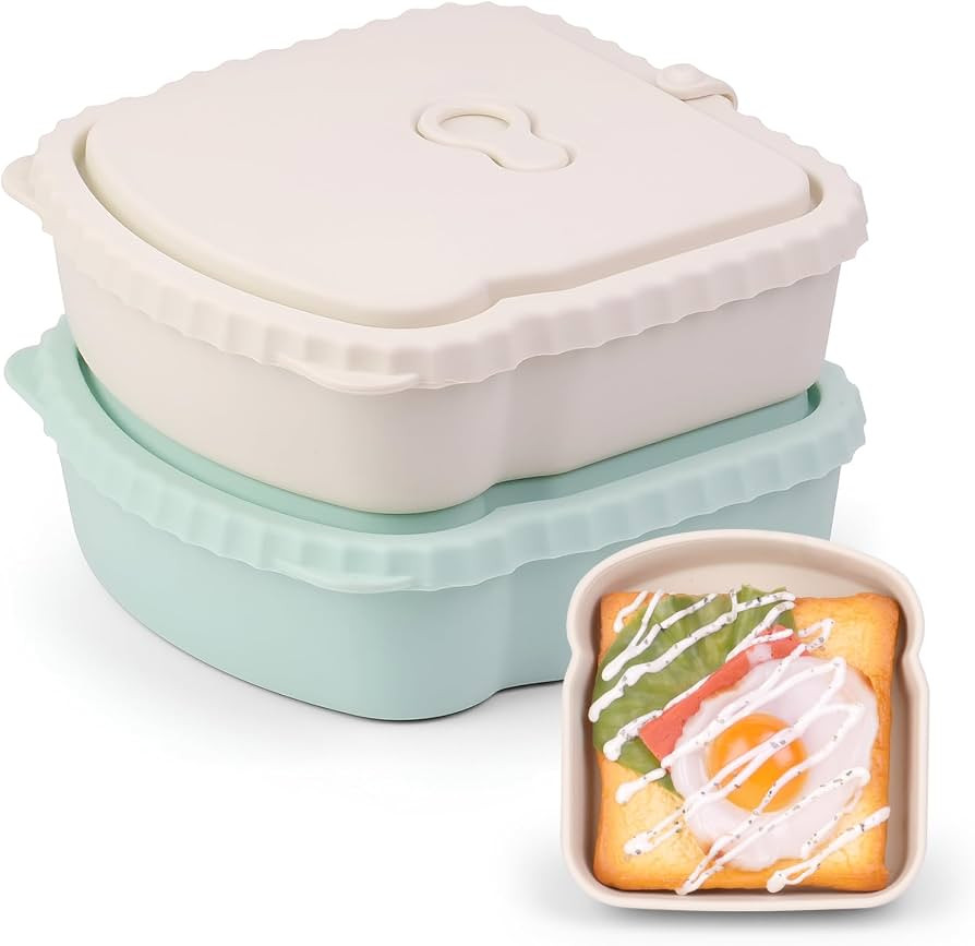 2 Pack Sandwich Containers, Silicone Snack Containers with Airtight Lids, Reusable Toast-Shaped Sandwich Box, BPA-Free, Dishwasher Safe, Food Storage Containers for Snacks & Fruits (A) | Amazon (US)