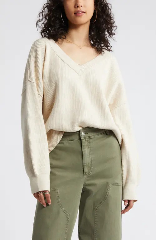 BP. Seamed Oversize V-Neck Rib Sweater in Beige Oatmeal Light Heather at Nordstrom, Size X-Large | Nordstrom