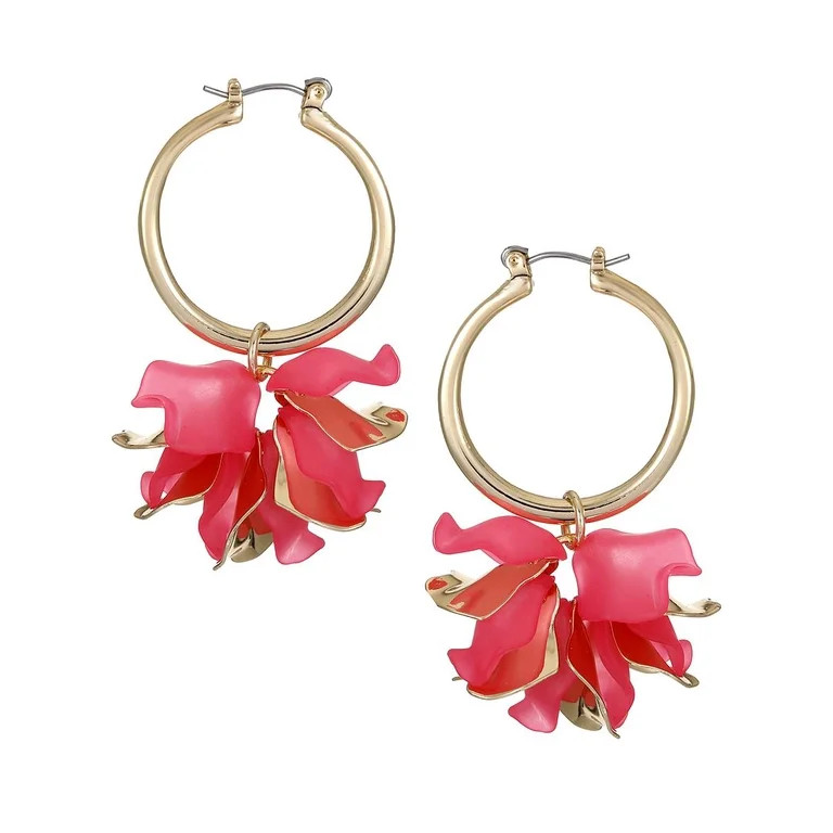 Time and Tru Women's Gold Tone Snap Lever Hoop Earring with Acrylic Flower, Bright Pink | Walmart (US)