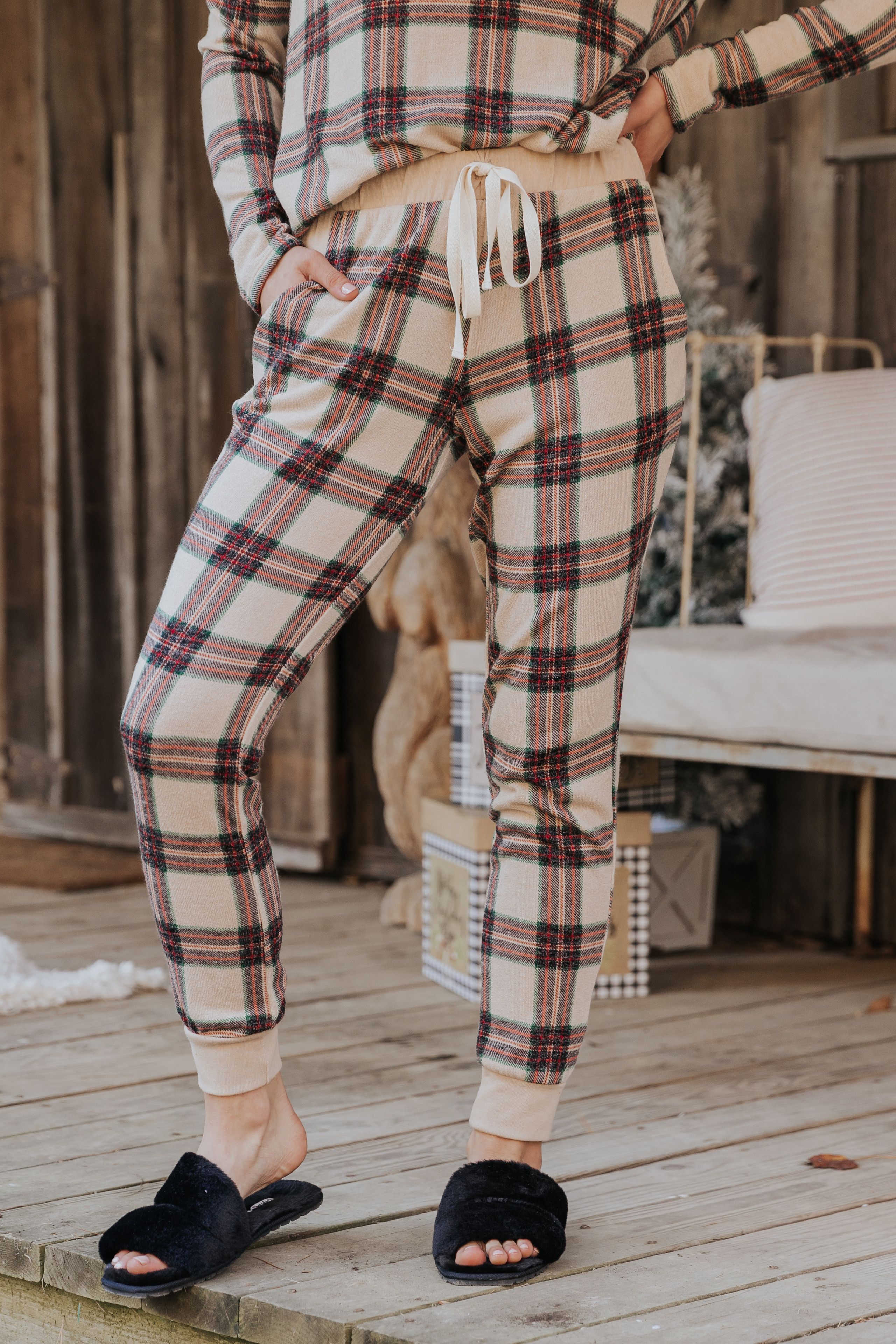 Taupe Tartan Plaid Jogger Pajama Pants | Magnolia Boutique