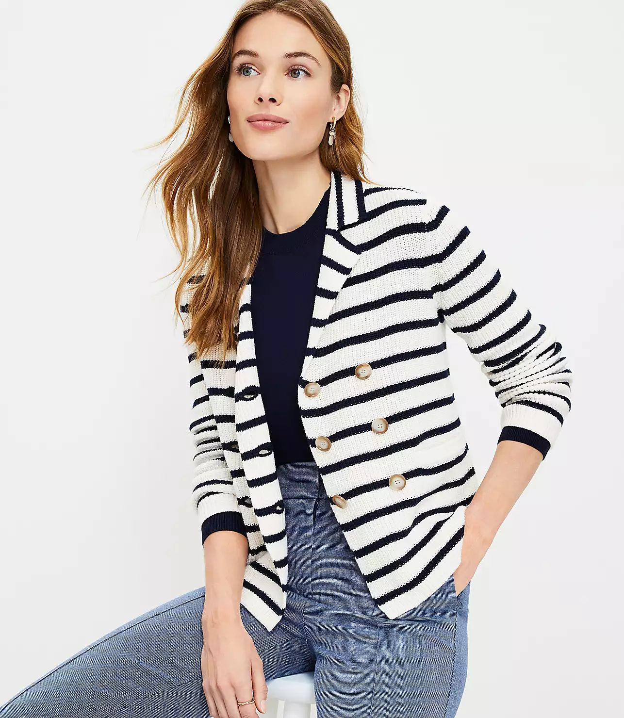 Stripe Ribbed Double Breasted Sweater Jacket | LOFT