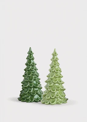 Set of 2 Green Stoneware Mini Christmas Tree Table Accents - 8" | Afloral