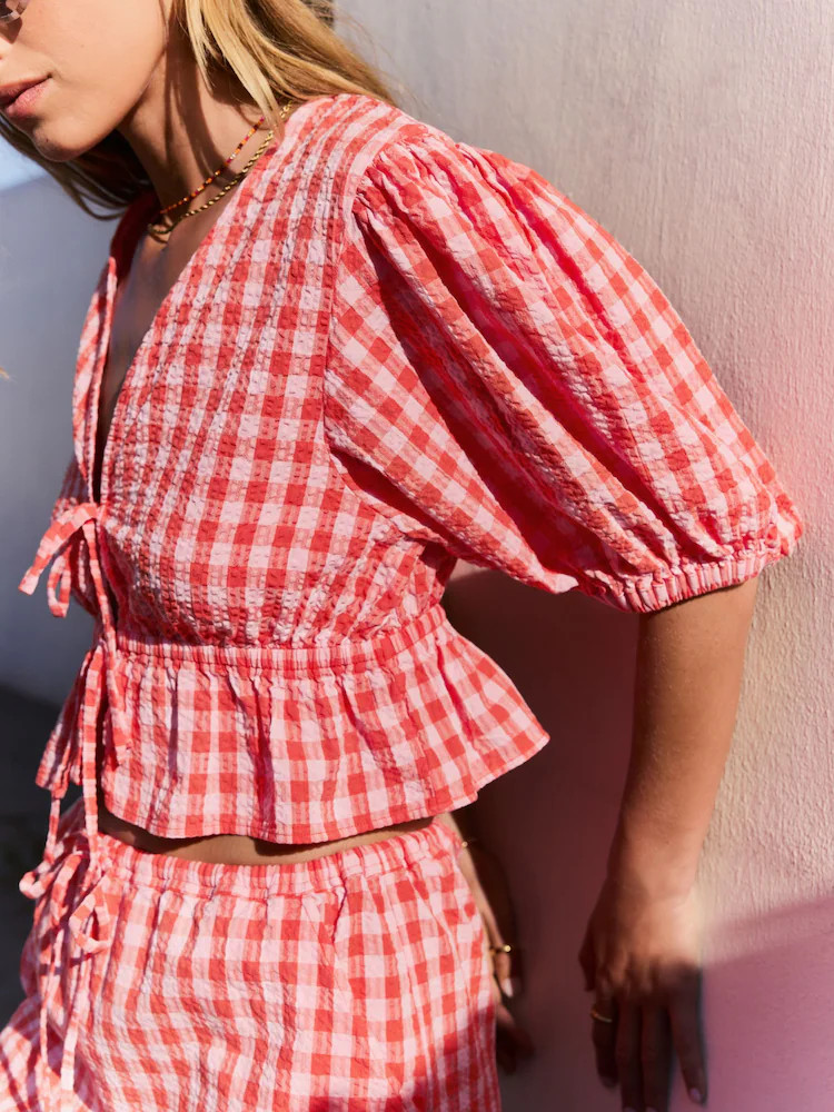 Red/Pink 100% Cotton Textured Puff Sleeve Tie Front Gingham Top | Next EU