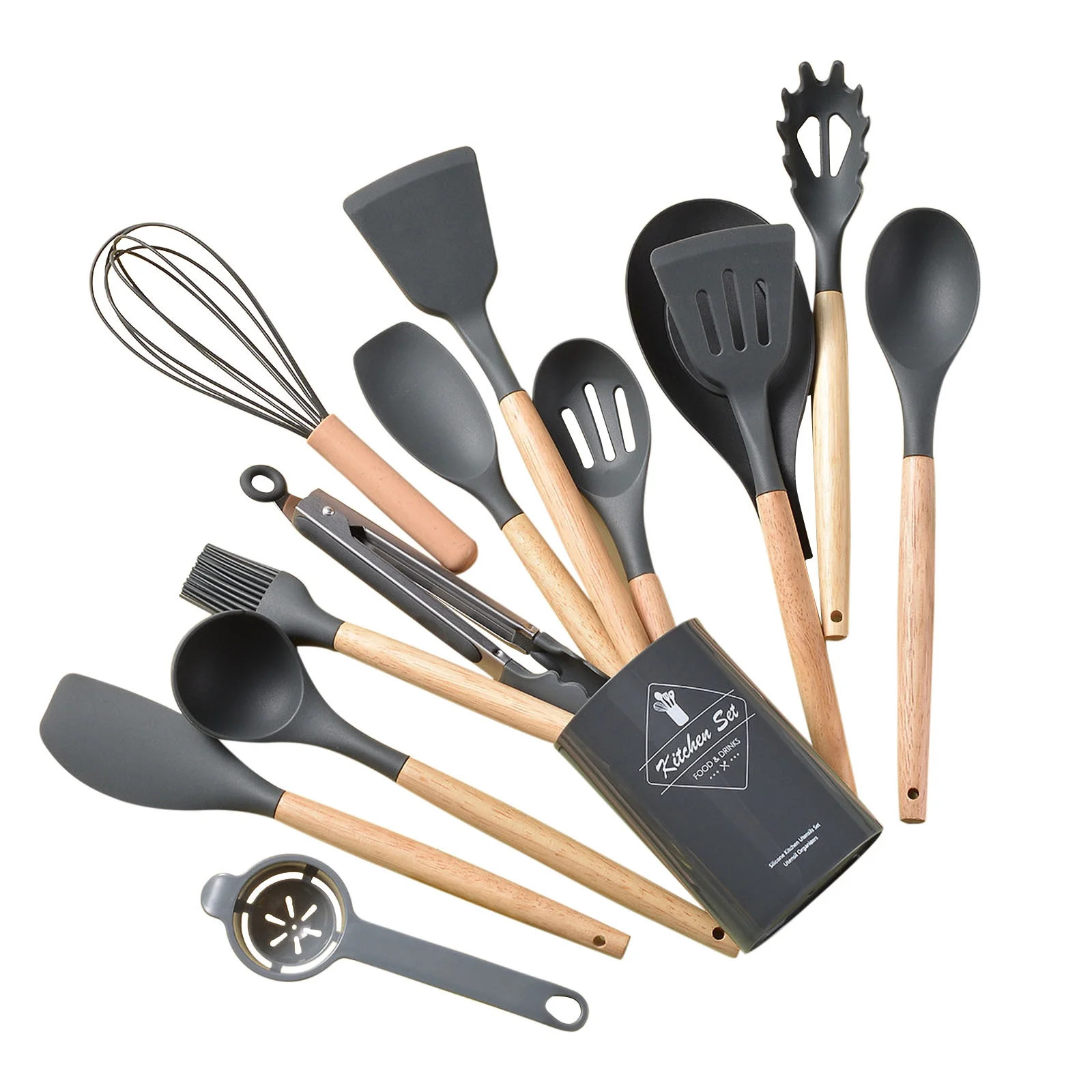 Birdeem Wooden Handle Silicone Kitchenware Set 14 Piece Round Barrel Set Non Stick Pot Cooking Sp... | Walmart (CA)