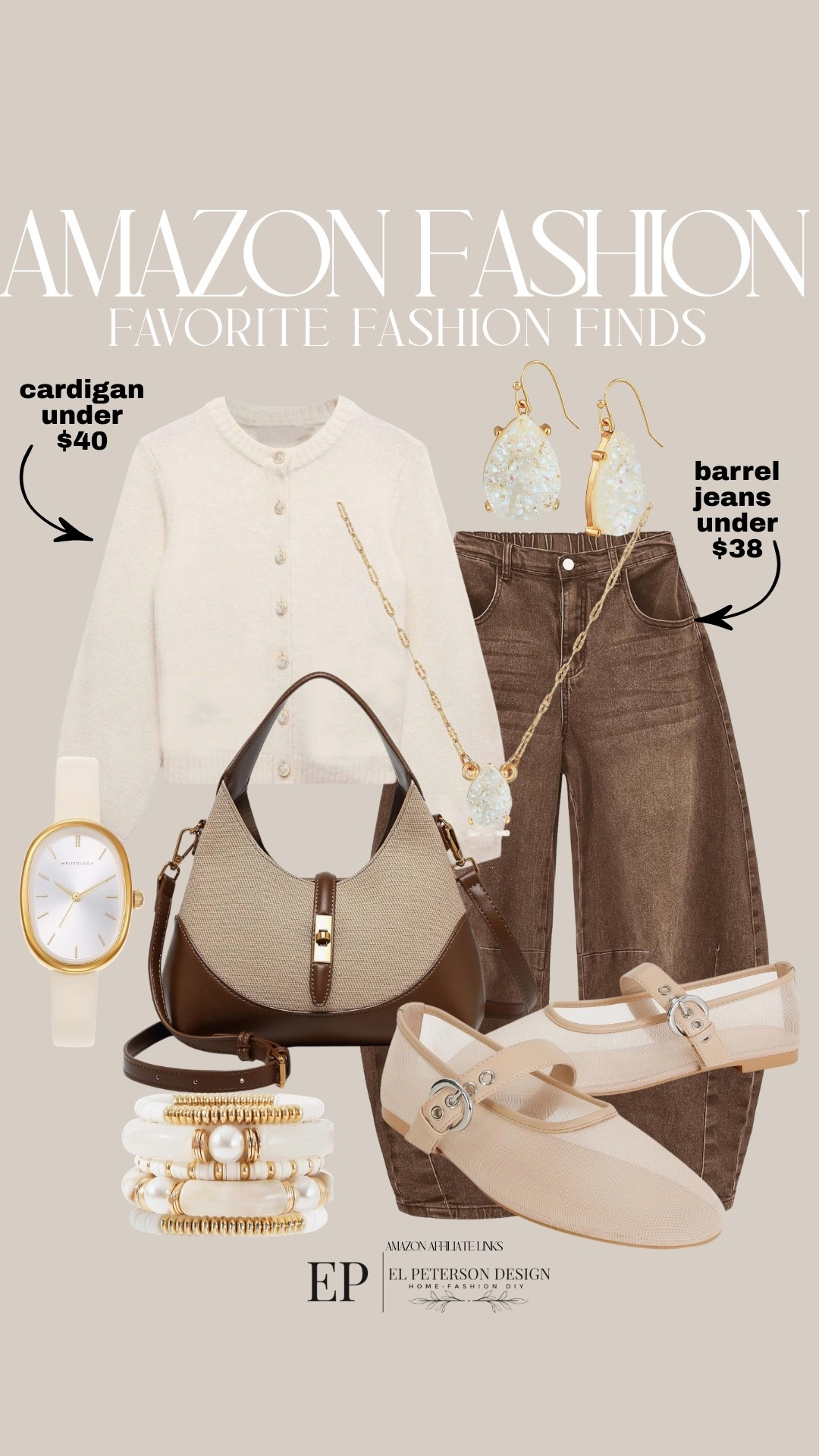 Amazon Fashion
Barrel jeans
Purse
Cardigan
Maryjane flats 
Watch
Bracelet
Necklace 
Earrings 