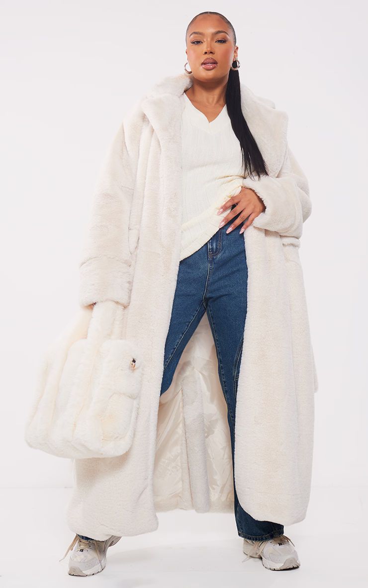 Plus Cream Faux Fur Maxi Coat | PrettyLittleThing US