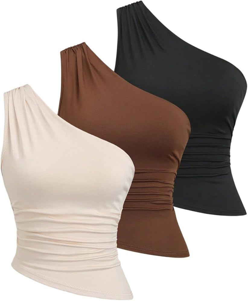 OYOANGLE Women's 3 Pack One Shoulder Tank Top Asymmetrical Hem Ruched Sleeveless Fitted Y2k Going... | Amazon (US)