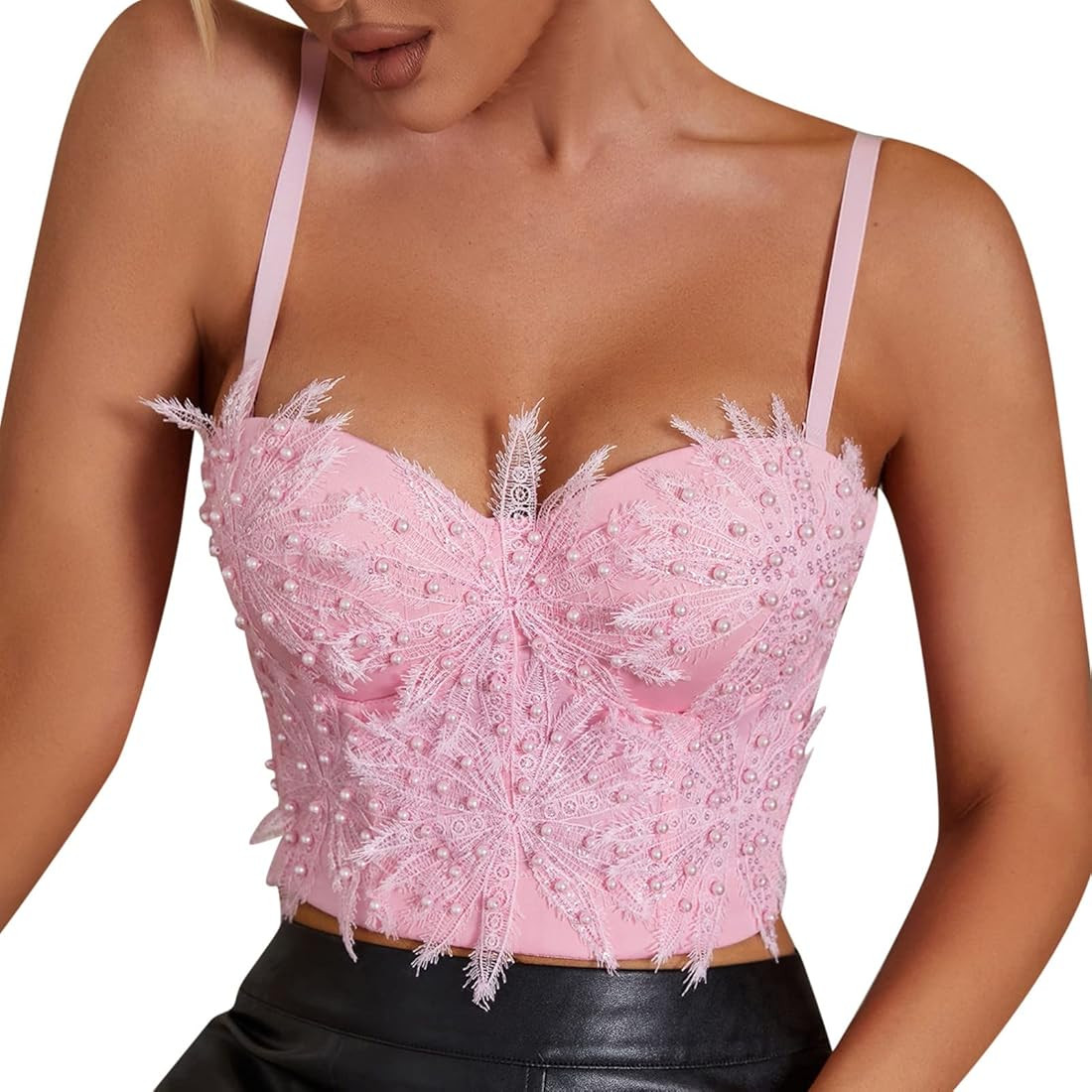 Women Pearl Beaded Bustier Crop Top,Lace Embroidery Corset Top Bodysuit Bra Tops | Amazon (US)