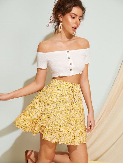 Ditsy Floral Drawstring Flounce Mini Skirt | SHEIN