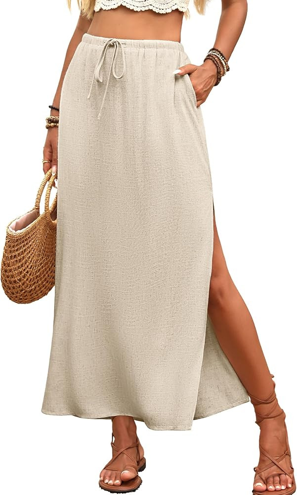 ELLEVEN Linen Straight Maxi Skirt with Side Slit - Elastic Waist Drawstring Long Flowy Ankle-Leng... | Amazon (US)