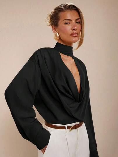 COSMINA Women's Casual Solid Color Cowl Keyhole Neck Loose Top, Spring/Autumn Black Blouse,Black Tops | SHEIN