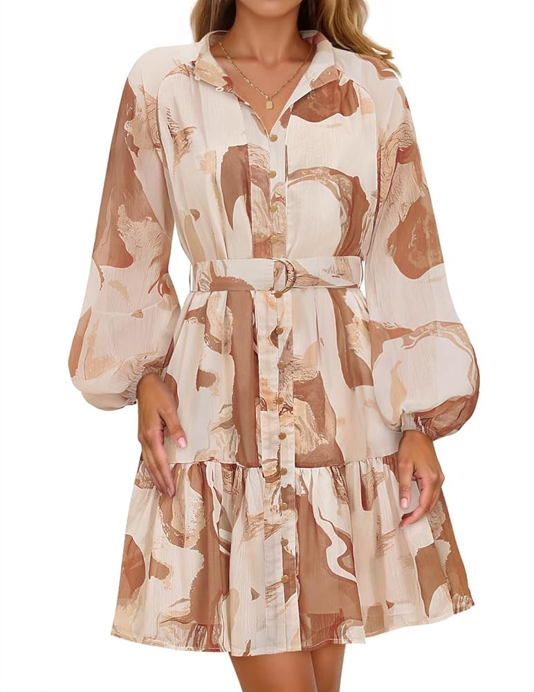 ZESICA Womens Fall Floral Mini Dress 2025 Long Sleeve Button Down Chiffon A Line Flowy Short Shir... | Amazon (US)