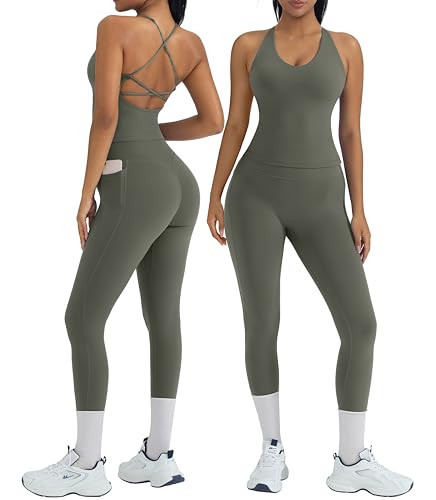 OMKAGI 2 Piece Workout Sets for Women Padded Workout Tops Booty Leggings with Pockets Gym Sets (M,445-Avocado Green) | Amazon (US)