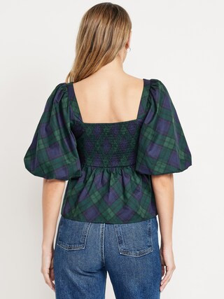 Puff-Sleeve Plaid Poplin Peplum Top | Old Navy (US)
